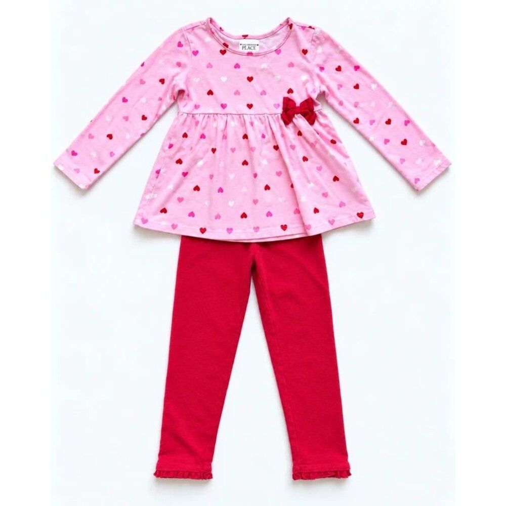 The Children’s Place Girls 4T Valentine Heart Bow Top Red Ruffle Leggings Set